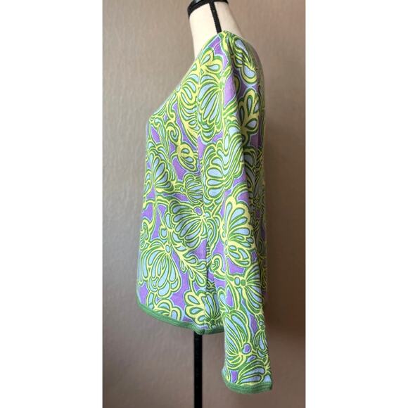 Sigrid Olsen Knit Cardigan Large Green Women's Purple Floral Silk Angora Beaded - Picture 3 of 15